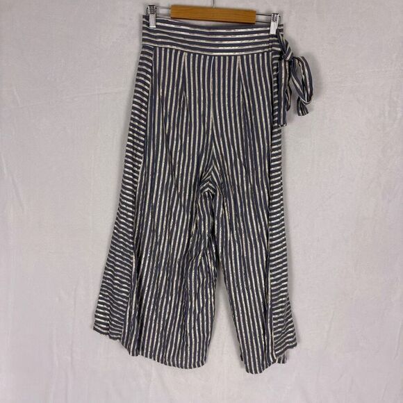 Eva Franco Anthro Blue, Gold, and White Striped High Waisted Wide Leg Pants Size - Picture 8 of 13